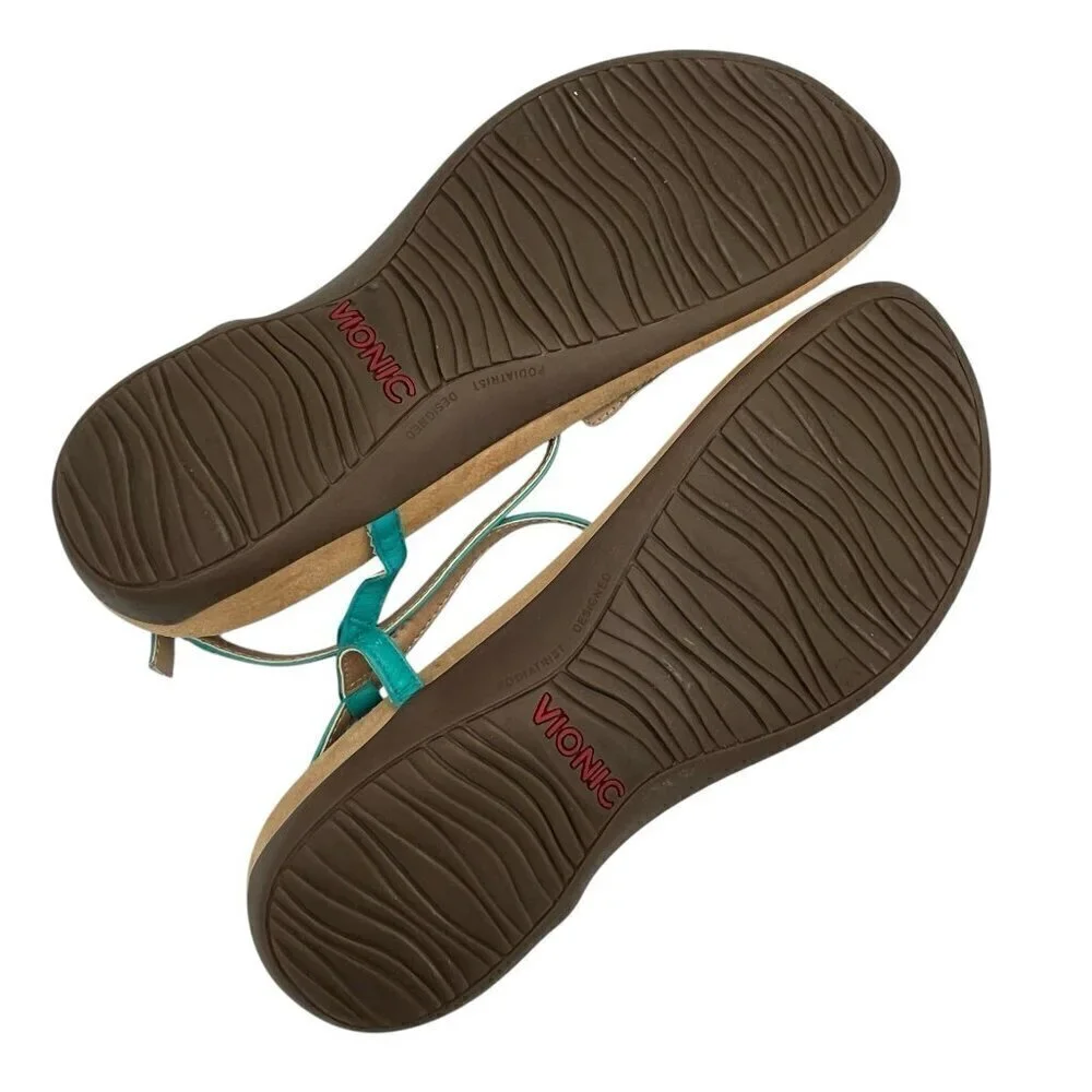 Vionic Sandals Nala Flat T-Strap 10.5 ? Studded Turquoise Thong Beach Comfort